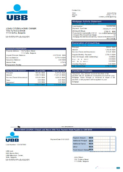 Download Bulgaria UBB bank mortgage statement scr Photoshop template
